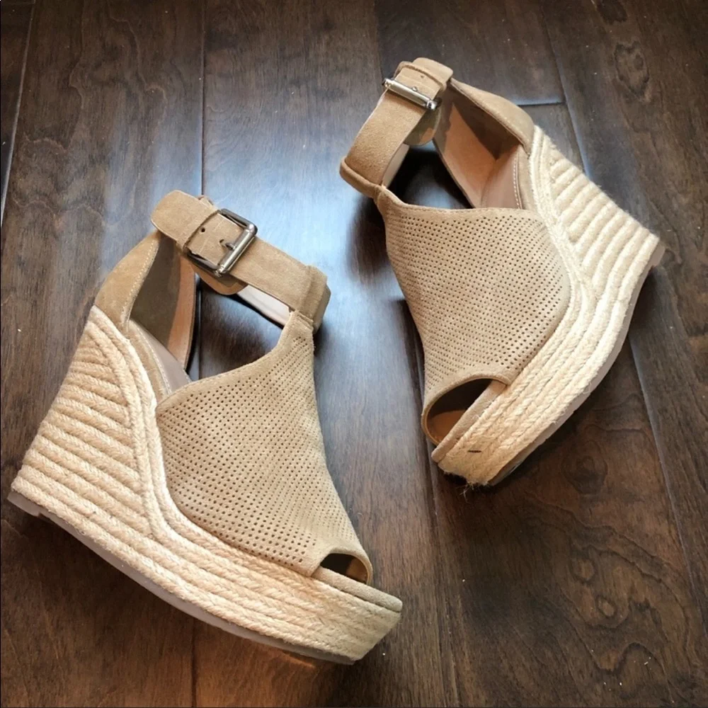 Marc Fisher Beige Suede Espadrille Wedge Sandals